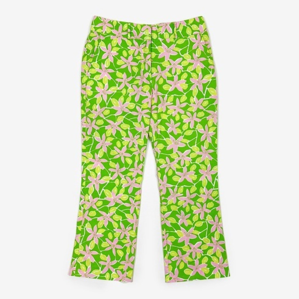 Lilly Pulitzer Floral‎ Pants Size 2 Green Pink Cotton Blend Pockets Cropped Y2K